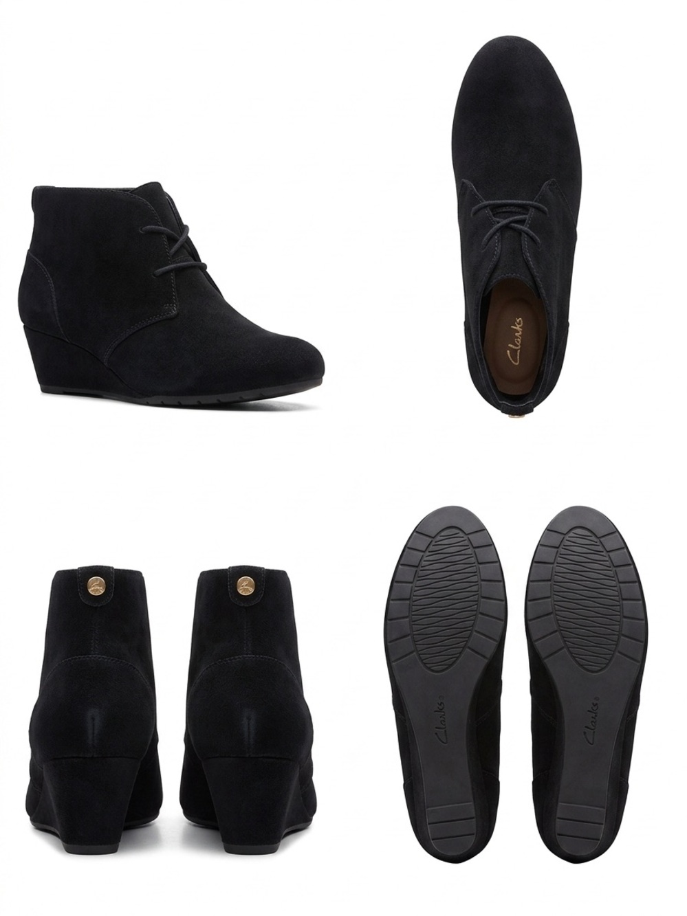 Clarks Artisan Suede Black Wedge Heeled Booties